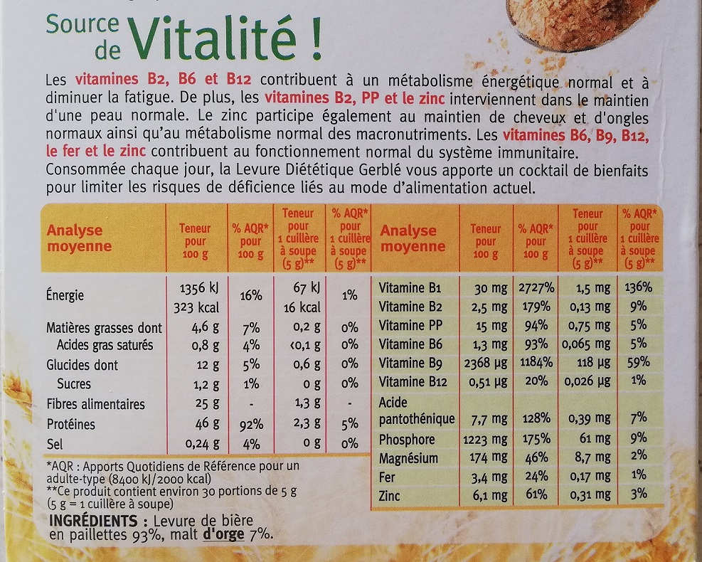 étiquette nutritionnelle de la levure diététique